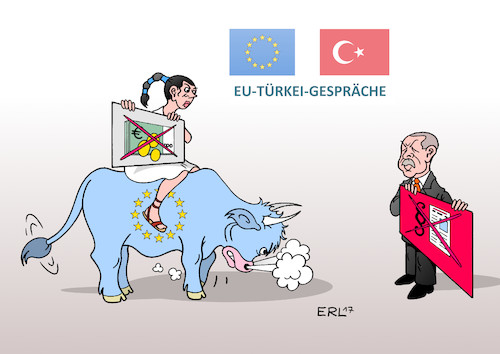 Cartoon: EU-Türkei-Gespräche (medium) by Erl tagged eu,europa,stier,gespräche,türkei,beitritt,positionen,präsident,erdogan,putsch,versuch,säuberung,verhaftungen,präsidialsystem,demokratie,gewaltenteilung,menschenrechte,meinungsfreiheit,pressefreiheit,streichung,geld,stierkampf,karikatur,erl,eu,europa,stier,gespräche,türkei,beitritt,positionen,präsident,erdogan,putsch,versuch,säuberung,verhaftungen,präsidialsystem,demokratie,gewaltenteilung,menschenrechte,meinungsfreiheit,pressefreiheit,streichung,geld,stierkampf,karikatur,erl