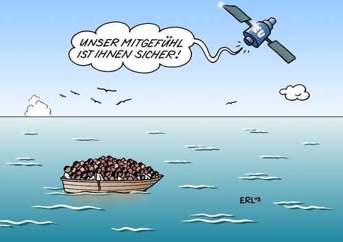 Cartoon: EU Flüchtlingspolitik (medium) by Erl tagged flüchtlingspolitik,eu,lampedusa,flüchtlinge,afrika,boot,grenze,asyl,tod,unmenschlichkeit,schande,meer,abgrenzung,überwachung,satellit,mitgefühl,eu,flüchtlingspolitik