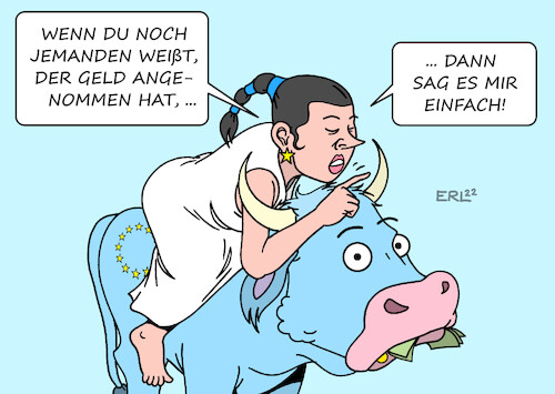 Cartoon: EU Geld (medium) by Erl tagged politik,eu,korruption,bestechlichkeit,eva,kaili,vizepräsidentin,parlament,fahndung,suche,europa,stier,geld,karikatur,erl,politik,eu,korruption,bestechlichkeit,eva,kaili,vizepräsidentin,parlament,fahndung,suche,europa,stier,geld,karikatur,erl