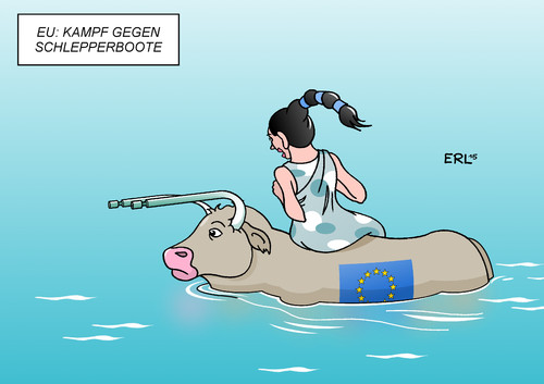 Cartoon: EU Kampf gegen Schlepperboote (medium) by Erl tagged eu,europa,flüchtlinge,mittelmeer,schlepper,schleuser,boote,abschuss,militär,stier,politik,karikatur,erl,eu,europa,flüchtlinge,mittelmeer,schlepper,schleuser,boote,abschuss,militär,stier,politik