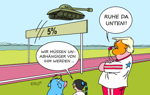 Cartoon: EU NATO Trump (medium) by Erl tagged politik,usa,trump,nato,fünf,prozent,miltärausgaben,eu,europa,stier,unabhängigkeit,karikatur,erl,politik,usa,trump,nato,fünf,prozent,miltärausgaben,eu,europa,stier,unabhängigkeit,karikatur,erl
