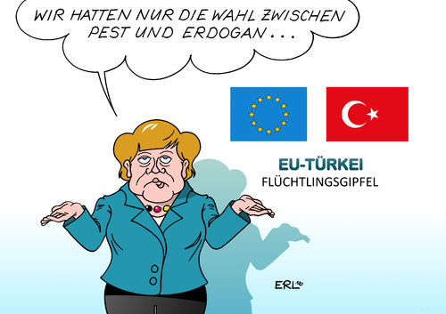 Cartoon: EU Türkei (medium) by Erl tagged europa,eu,flüchtlinge,zahlen,reduzierung,hilfe,türkei,pressefreiheit,demokratie,einschränkung,bekämpfung,kurden,präsident,erdogan,kleineres,übel,wahl,pest,cholera,bundeskanzlerin,angela,merkel,karikatur,erl,europa,eu,flüchtlinge,zahlen,reduzierung,hilfe,türkei,pressefreiheit,demokratie,einschränkung,bekämpfung,kurden,präsident,erdogan,kleineres,übel,wahl,pest,cholera,bundeskanzlerin,angela,merkel,karikatur,erl