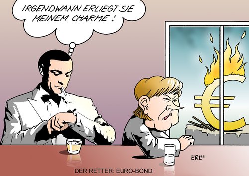 Cartoon: Euro-Bond (medium) by Erl tagged eurobonds,euro,krise,schulden,anleihe,zinsen,eu,gemeinsamkeit,transfer,transferunion,hilfe,arm,reich,james,bond,sean,connery,bundeskanzlerin,angela,merkel,widerstand,charme,feuer,geheimagent,rettung,retter,eurobonds,euro,krise,schulden,anleihe,zinsen,eu,gemeinsamkeit,transfer,transferunion,hilfe,arm,reich,james bond,sean connery,bundeskanzlerin,widerstand,charme,feuer,geheimagent,james,bond,sean,connery