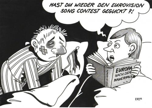 Cartoon: Eurovision Song Contest (medium) by Erl tagged eurovision,song,contest,germany,eurovision,song,contest,germany,no,angels,deutschland,stimmen,lieder,mauerfall,erfolgsloigkeit,staatsfreundschaftsdienst,betrug,unfair,bewertung