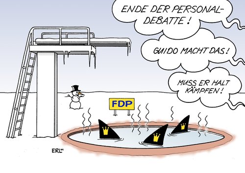 Cartoon: FDP (medium) by Erl tagged fdp,dreikönigstreffen,personaldebatte,führungskrise,vorsitz,westerwelle,kritik,diskussion,kampf,rede,hai,haifischbecken,fdp,dreikönigstreffen,personaldebatte,führungskrise,vorsitz,guido westerwelle,diskussion,kritik,kampf,rede,hai,haifischbecken,guido,westerwelle