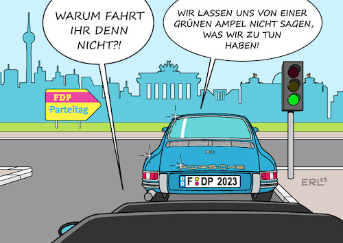 Cartoon: FDP (medium) by Erl tagged politik,partei,parteitag,fdp,koalition,ampel,spd,grüne,konflikt,klimaschutz,klima,profilierung,auto,porsche,lindner,karikatur,erl,politik,partei,parteitag,fdp,koalition,ampel,spd,grüne,konflikt,klimaschutz,klima,profilierung,auto,porsche,lindner,karikatur,erl