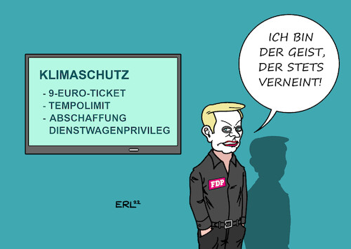 Cartoon: FDP und Klimaschutz (medium) by Erl tagged politik,klima,klimaschutz,maßnahmen,tempolimit,euro,ticket,öffentlicher,nahverkehr,abschaffung,dienstwagenprivileg,reduzierung,co2,veto,stopp,blockade,fdp,verkehrsminister,volker,wissing,finanzminister,christian,lindner,geist,der,stets,verneint,mephisto,faust,goethe,karikatur,erl,politik,klima,klimaschutz,maßnahmen,tempolimit,euro,ticket,öffentlicher,nahverkehr,abschaffung,dienstwagenprivileg,reduzierung,co2,veto,stopp,blockade,fdp,verkehrsminister,volker,wissing,finanzminister,christian,lindner,geist,der,stets,verneint,mephisto,faust,goethe,karikatur,erl