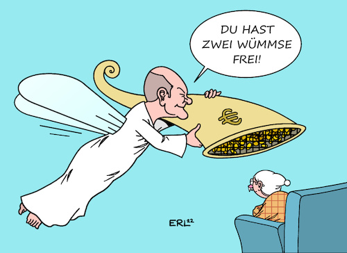 Cartoon: Fee mit Doppelwumms (medium) by Erl tagged politik,krieg,russland,ukraine,gas,knappheit,verteuerung,inflation,entlastungspaket,hilfe,ampel,bundesregierung,spd,grüne,fdp,bundeskanzler,olaf,scholz,doppelwumms,fee,wünsche,füllhorn,michel,karikatur,erl,politik,krieg,russland,ukraine,gas,knappheit,verteuerung,inflation,entlastungspaket,hilfe,ampel,bundesregierung,spd,grüne,fdp,bundeskanzler,olaf,scholz,doppelwumms,fee,wünsche,füllhorn,michel,karikatur,erl