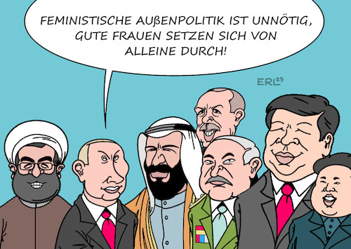 Cartoon: Feministische Außenpolitik (medium) by Erl tagged politik,außenministerin,annalena,baerbock,entwicklungsministerin,svenja,schulze,feministische,außenpolitik,frau,frauen,frauenrechte,gleichberechtigung,mann,männer,diktatoren,putin,chamenei,salman,erdogan,lukaschenko,xi,jinping,kim,jong,un,karikatur,erl,politik,außenministerin,annalena,baerbock,entwicklungsministerin,svenja,schulze,feministische,außenpolitik,frau,frauen,frauenrechte,gleichberechtigung,mann,männer,diktatoren,putin,chamenei,salman,erdogan,lukaschenko,xi,jinping,kim,jong,un,karikatur,erl