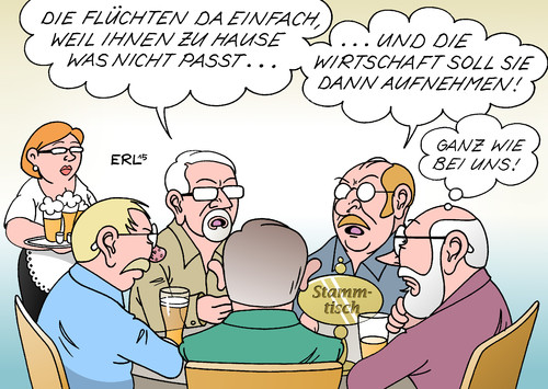 Cartoon: Flüchtlinge Wirtschaft (medium) by Erl tagged flüchtlinge,eu,europa,deutschland,wirtschaft,arbeitskräfte,stammtisch,fremdenfeindlichkeit,rechtsextremismus,heimat,ähnlichkeit,asyl,gaststätte,karikatur,erl,flüchtlinge,eu,europa,deutschland,wirtschaft,arbeitskräfte,stammtisch,fremdenfeindlichkeit,rechtsextremismus,heimat,ähnlichkeit,asyl,gaststätte,karikatur,erl