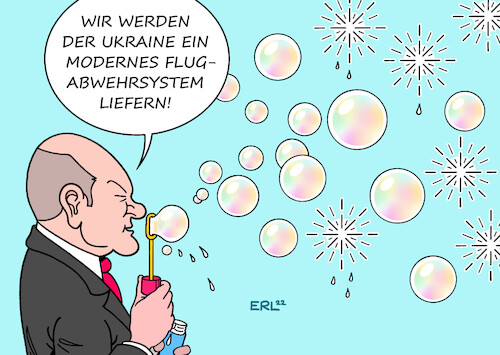 Cartoon: Flugabwehrsystem (medium) by Erl tagged politik,krieg,angriff,überfall,wladimir,putin,russland,ukraine,deutschland,bundeskanzler,olaf,scholz,unterstützung,zusage,waffenlieferungen,flugabwehrsystem,ankündigung,realität,seifenblasen,karikatur,erl,politik,krieg,angriff,überfall,wladimir,putin,russland,ukraine,deutschland,bundeskanzler,olaf,scholz,unterstützung,zusage,waffenlieferungen,flugabwehrsystem,ankündigung,realität,seifenblasen,karikatur,erl