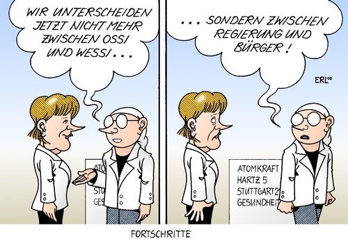 Cartoon: Fortschritte (medium) by Erl tagged deutschland,einheit,wiedervereinigung,zwanzig,jahre,ossi,wessi,regierung,bürger,entfremdung,politik,projekt,atomkraft,stuttgart,21,hartz,fünf,gesundheit,merkel,ost,west,deutschland,ossi,wessi,oktober,deutsche einheit,wiedervereinigung,osten,westen,deutsche,einheit,landschaft,hannover,sachsen,wende,atomkraft,stuttgart 21,hartz,stuttgart,21