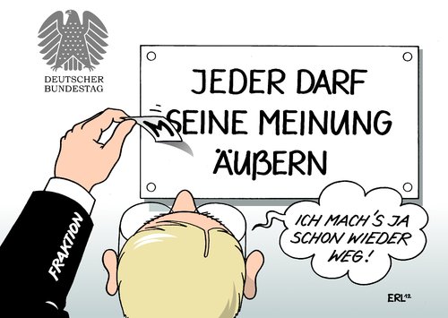 Cartoon: Freie Meinung (medium) by Erl tagged bundestag,reden,fraktionszwang,redezeit,beschränkung,abweichler,gewissen,verpflichtung,maulkorb,rücknahme,partei,fraktion,cdu,csu,fdp,spd,reichstag,bundestag,reden,fraktionszwang,redezeit,beschränkung,abweichler,gewissen,verpflichtung,rücknahme,fraktion,reichstag