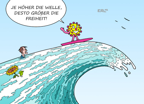 Cartoon: Freiheit (medium) by Erl tagged politik,corona,virus,pandemie,covid19,omikron,welle,neuinfektionen,inzidenz,rekord,höhe,ampel,bundesregierung,spd,lauterbach,grüne,vorsicht,fdp,freiheit,lockerungen,öffnungen,freedom,day,maßnahmen,länder,surfen,karikatur,erl,politik,corona,virus,pandemie,covid19,omikron,welle,neuinfektionen,inzidenz,rekord,höhe,ampel,bundesregierung,spd,lauterbach,grüne,vorsicht,fdp,freiheit,lockerungen,öffnungen,freedom,day,maßnahmen,länder,surfen,karikatur,erl