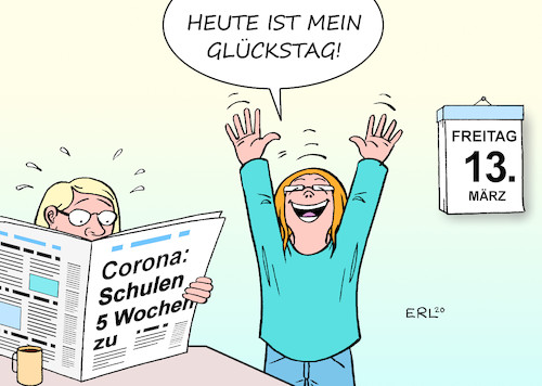 Cartoon: Freitag der 13. (medium) by Erl tagged politik,gesundheit,krankheit,infektion,coronavirus,corona,virus,covid19,pandemie,maßnahmen,absagen,veranstaltungen,schließung,schulen,kindergärten,kitas,freitag,der,dreizehnte,unglück,eltern,betreuung,schüler,glück,glückstag,karikatur,erl,politik,gesundheit,krankheit,infektion,coronavirus,corona,virus,covid19,pandemie,maßnahmen,absagen,veranstaltungen,schließung,schulen,kindergärten,kitas,freitag,der,dreizehnte,unglück,eltern,betreuung,schüler,glück,glückstag,karikatur,erl