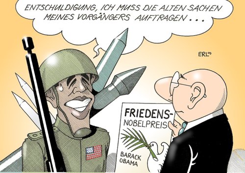 Cartoon: Friedensnobelpreis (medium) by Erl tagged friedensnobelpreis,barack,obama,krieg,afghanistan,irak,vorgänger,bush,friedensnobelpreis,barack obama,krieg,afghanistan,irak,vorgänger,george bush,usa,präsident,militär,frieden,barack,obama,george,bush