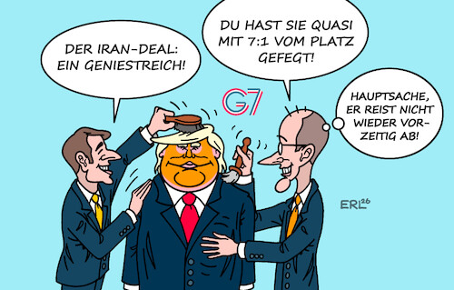 Cartoon: G7 (medium) by Erl tagged politik,usa,irankrieg,deal,sieg,iran,trump,g7,macron,merz,schmeicheleien,laune,karikatur,erl,politik,usa,irankrieg,deal,sieg,iran,trump,g7,macron,merz,schmeicheleien,laune,karikatur,erl