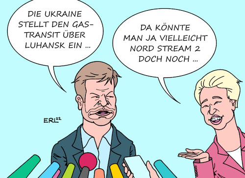 Cartoon: Gaspipeline (medium) by Erl tagged politik,krieg,wladimir,putin,russland,ukraine,einstellung,transit,luhansk,gaspipeline,gas,eu,nord,stream,pro,manuela,schwesig,spd,ministerpräsidentin,mecklenburg,vorpommern,contra,wirtschaftsminister,robert,habeck,grüne,karikatur,erl,politik,krieg,wladimir,putin,russland,ukraine,einstellung,transit,luhansk,gaspipeline,gas,eu,nord,stream,pro,manuela,schwesig,spd,ministerpräsidentin,mecklenburg,vorpommern,contra,wirtschaftsminister,robert,habeck,grüne,karikatur,erl