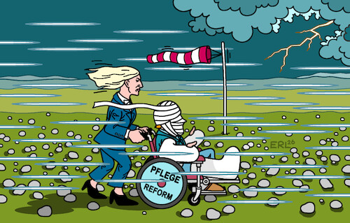 Cartoon: Gegenwind für Warken (medium) by Erl tagged politik,gesundheit,alter,pflege,reform,pflegereform,gesundheitsministerin,nina,warken,gegenwind,kritik,gewitter,rollstuhl,steine,karikatur,erl,politik,gesundheit,alter,pflege,reform,pflegereform,gesundheitsministerin,nina,warken,gegenwind,kritik,gewitter,rollstuhl,steine,karikatur,erl