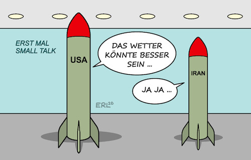 Cartoon: Gespräch USA Iran (medium) by Erl tagged politik,gespräch,usa,iran,atomprogramm,rüstung,raketen,small,talk,wetter,karikatur,erl,politik,gespräch,usa,iran,atomprogramm,rüstung,raketen,small,talk,wetter,karikatur,erl
