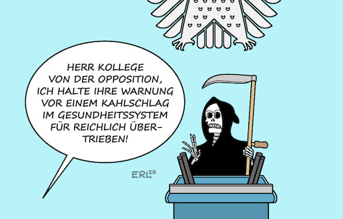 Cartoon: Gesundheitsreform (medium) by Erl tagged politik,regierung,gesundheitsreform,bundestag,opposition,warnung,kahlschlag,karikatur,erl,politik,regierung,gesundheitsreform,bundestag,opposition,warnung,kahlschlag,karikatur,erl