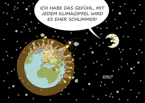 Cartoon: Gipfel (medium) by Erl tagged politik,klimakonferenz,2022,scharm,el,scheich,umwelt,klima,klimawandel,klimakrise,erderwärmung,extremwetter,dürre,hitze,klimagipfel,nummer,27,ergebnisse,wenig,co2,ausstoß,anstieg,erde,mond,weltall,karikatur,erl,politik,klimakonferenz,2022,scharm,el,scheich,umwelt,klima,klimawandel,klimakrise,erderwärmung,extremwetter,dürre,hitze,klimagipfel,nummer,27,ergebnisse,wenig,co2,ausstoß,anstieg,erde,mond,weltall,karikatur,erl