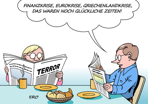 Cartoon: Glückliche Zeiten (medium) by Erl tagged frankreich,paris,terror,anschläge,is,islamismus,razzia,polizei,militär,sicherheit,angst,nachrichten,medien,fernsehen,zeitung,rückblick,finanzkrise,eurokrise,griechenland,griechenlandkrise,karikatur,erl,frankreich,paris,terror,anschläge,is,islamismus,razzia,polizei,militär,sicherheit,angst,nachrichten,medien,fernsehen,zeitung,rückblick,finanzkrise,eurokrise,griechenland,griechenlandkrise,karikatur,erl