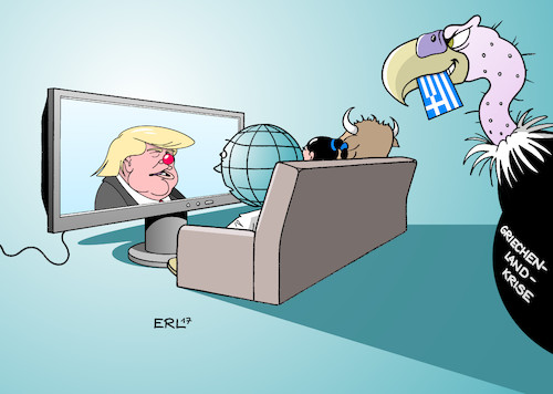 Cartoon: Griechenland (medium) by Erl tagged welt,eu,europa,stier,aufmerksamkeit,usa,präsident,donald,trump,clown,hintergrund,griechenland,krise,schulden,euro,banken,pleite,pleitegeier,geld,rettung,finanzhilfen,sparkurs,kaputtsparen,fernsehen,couch,karikatur,erl,welt,eu,europa,stier,aufmerksamkeit,usa,präsident,donald,trump,clown,hintergrund,griechenland,krise,schulden,euro,banken,pleite,pleitegeier,geld,rettung,finanzhilfen,sparkurs,kaputtsparen,fernsehen,couch,karikatur,erl