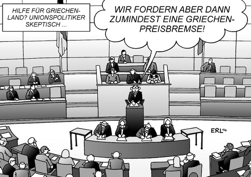 Cartoon: Griechenlandhilfe (medium) by Erl tagged griechenland,krise,schulden,regierung,tsipras,reformen,hilfe,kredit,geld,finanzen,bundestag,beratung,skepsis,cdu,csu,koalition,mietpreisbremse