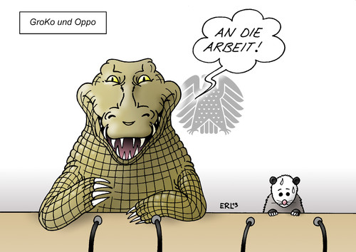 Cartoon: GroKo und Oppo (medium) by Erl tagged große,koalition,cdu,csu,spd,groko,start,beginn,angang,arbeit,politik,mehrheit,übermacht,opposition,linke,grüne,klein,rechte,einschränkung,bundestag,krokodil,opossum,karikatur,erl,große,koalition,cdu,csu,spd,groko,start,beginn,angang,arbeit,politik,mehrheit,übermacht,opposition,linke,grüne,klein,rechte,einschränkung,bundestag,krokodil,opossum