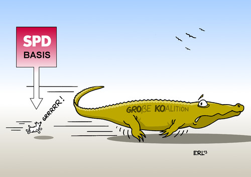 Cartoon: Große Koalition (medium) by Erl tagged große,koalition,schwarz,rot,groko,cdu,csu,spd,koalitionsvertrag,abstimmung,basis,mitgliederbefragung,angst,krokodil,hund,große,koalition,schwarz,rot,groko,cdu,csu,spd,koalitionsvertrag,abstimmung,basis,mitgliederbefragung,angst,krokodil,hund