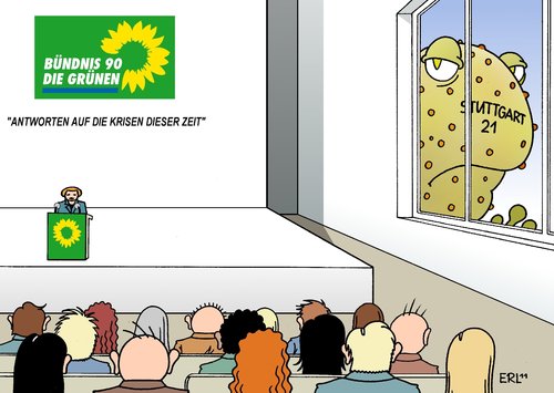 Cartoon: Grünen-Parteitag (medium) by Erl tagged württemberg,baden,volksentscheid,stuttgart21,parteitag,grüne,grünen,die,landesregierung,grün,rot,spd,ministerpräsident,winfried,kretschmann,kröte,schlucken,bahnhof,neubau,unterirdisch,merkel,sarkozy,monti,geschlossenheit,italien,deutschland,frankreich,politik,finanzen,einigkeit,führung,staat,chef