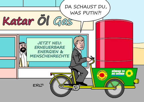 Cartoon: Habecks Handel (medium) by Erl tagged politik,krieg,angriff,überfall,wladimir,putin,russland,ukraine,westen,usa,eu,deutschland,sanktionen,abhängigkeit,öl,gas,neue,märkte,anbieter,emirat,katar,menschenrechte,handel,wirtschaftsminister,robert,habeck,grüne,lastenfahrrad,fass,geschäft,karikatur,erl,politik,krieg,angriff,überfall,wladimir,putin,russland,ukraine,westen,usa,eu,deutschland,sanktionen,abhängigkeit,öl,gas,neue,märkte,anbieter,emirat,katar,menschenrechte,handel,wirtschaftsminister,robert,habeck,grüne,lastenfahrrad,fass,geschäft,karikatur,erl