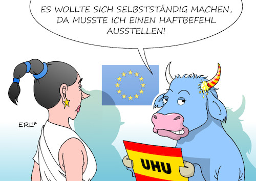 Cartoon: Haftbefehl (medium) by Erl tagged katalonien,unabhängigkeit,referendum,spanien,verbot,verfassung,verfassungswidrig,recht,gesetz,konsequenzen,paragraf,155,übernahme,macht,madrid,konflikt,konfrontation,mariano,rajoy,haftbefehl,carles,puigdemont,flucht,belgien,brüssel,eu,europa,stier,karikatur,erl,katalonien,unabhängigkeit,referendum,spanien,verbot,verfassung,verfassungswidrig,recht,gesetz,konsequenzen,paragraf,155,übernahme,macht,madrid,konflikt,konfrontation,mariano,rajoy,haftbefehl,carles,puigdemont,flucht,belgien,brüssel,eu,europa,stier,karikatur,erl