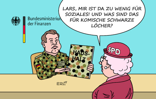 Cartoon: Haushalt (medium) by Erl tagged politik,finanzminister,lars,klingbeil,haushalt,schulden,verteidigung,kritik,spd,soziales,karikatur,erl,politik,finanzminister,lars,klingbeil,haushalt,schulden,verteidigung,kritik,spd,soziales,karikatur,erl