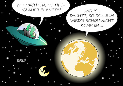 Cartoon: Heißzeit (medium) by Erl tagged politik,ökologie,umwelt,umweltschutz,klima,klimawandel,erderwärmung,co2,ausstoss,menschen,anthropogen,anthropozän,heißzeit,extremwetter,hitze,dürre,hochwasser,starkregen,erde,blauer,planet,gelb,ufo,außerirdische,aliens,karikatur,erl,politik,ökologie,umwelt,umweltschutz,klima,klimawandel,erderwärmung,co2,ausstoss,menschen,anthropogen,anthropozän,heißzeit,extremwetter,hitze,dürre,hochwasser,starkregen,erde,blauer,planet,gelb,ufo,außerirdische,aliens,karikatur,erl