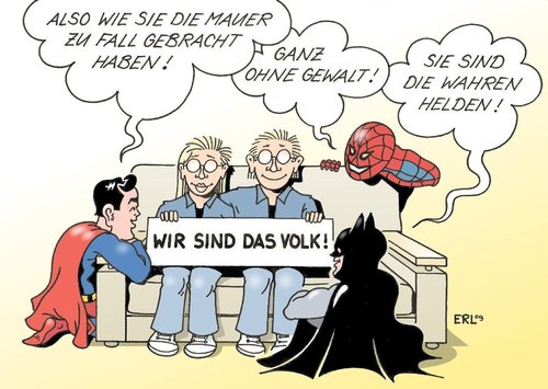 Cartoon: Helden (medium) by Erl tagged mauerfall,neunter,november,ddr,bürger,revolution,friedlich,helden,superhelden,superman,spiderman,batman,mauer,ddr,brd,berlin,mauerfall,neunter,november,ost,west,wiedervereinigung,superman,spiderman,batman,helden,held,volk,bürger,revolution,superhelden