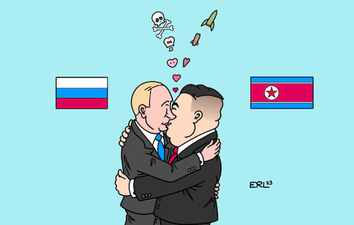 Cartoon: Herzliche Begrüßung (medium) by Erl tagged politik,krieg,angriff,überfall,russland,ukraine,wladimir,putin,kontakt,besuch,diktator,nordkorea,kim,jong,un,lieferung,waffen,waffenlieferungen,dunkle,seite,der,macht,bösewichte,tod,zerstörung,herz,herzliche,begrüßung,bruderkuss,kuss,karikatur,erl,politik,krieg,angriff,überfall,russland,ukraine,wladimir,putin,kontakt,besuch,diktator,nordkorea,kim,jong,un,lieferung,waffen,waffenlieferungen,dunkle,seite,der,macht,bösewichte,tod,zerstörung,herz,herzliche,begrüßung,bruderkuss,kuss,karikatur,erl