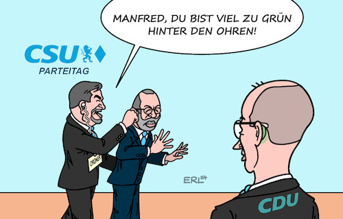 Cartoon: Hier kontrolliert der Chef (medium) by Erl tagged politik,csu,parteitag,chef,markus,söder,ablehnung,grüne,grün,option,manfed,weber,friedrich,merz,cdu,karikatur,erl,politik,csu,parteitag,chef,markus,söder,ablehnung,grüne,grün,option,manfed,weber,friedrich,merz,cdu,karikatur,erl