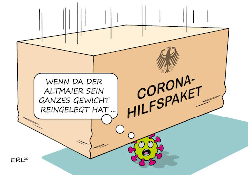 Cartoon: Hilfspaket (medium) by Erl tagged politik,corona,virus,krise,coronavirus,coronakrise,deutschland,sozialkontakte,vermeidung,ausgangsbeschränkung,absage,veranstaltungen,sport,restaurants,geschäfte,wirtschaft,arbeit,stillstand,hilfspaket,bundesregierung,groko,wirtschaftsminister,altmaier,gewicht,karikatur,erl,politik,corona,virus,krise,coronavirus,coronakrise,deutschland,sozialkontakte,vermeidung,ausgangsbeschränkung,absage,veranstaltungen,sport,restaurants,geschäfte,wirtschaft,arbeit,stillstand,hilfspaket,bundesregierung,groko,wirtschaftsminister,altmaier,gewicht,karikatur,erl