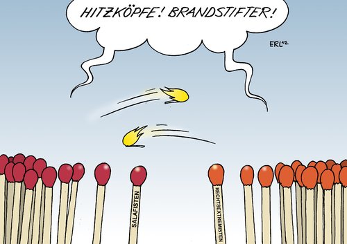 Cartoon: Hitzköpfe (medium) by Erl tagged extremismus,salafisten,rechtsextremisten,rechtsextremismus,aggression,kampf,kulturkampf,antidemokratisch,hitzkopf,hitzköpfe,brandstifter,feuer,zündholz,zündhölzer,flamme,zündeln,extremismus,rechtsextremisten,rechtsextremismus,aggression,koran