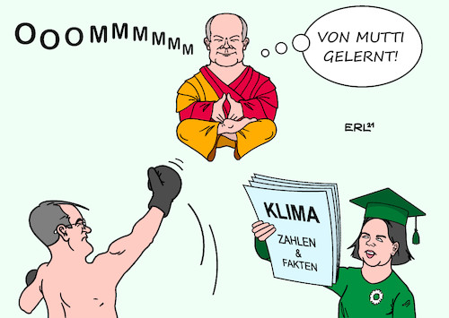 Cartoon: Höhenflug (medium) by Erl tagged politik,wahl,bundestagswahl,2021,wahlkampf,fernsehen,triell,kanzlerkandidaten,kanzlerkandidatin,armin,laschet,union,cdu,csu,olaf,scholz,spd,annalena,baerbock,bündnis,90,die,grünen,grüne,umfragen,einbruch,umfragekeller,kampf,boxen,klima,zahlen,fakten,inhalte,höhenflug,gelassenheit,meditation,omm,lehrmeisterin,bundeskanzlerin,angela,merkel,karikatur,erl,politik,wahl,bundestagswahl,2021,wahlkampf,fernsehen,triell,kanzlerkandidaten,kanzlerkandidatin,armin,laschet,union,cdu,csu,olaf,scholz,spd,annalena,baerbock,bündnis,90,die,grünen,grüne,umfragen,einbruch,umfragekeller,kampf,boxen,klima,zahlen,fakten,inhalte,höhenflug,gelassenheit,meditation,omm,lehrmeisterin,bundeskanzlerin,angela,merkel,karikatur,erl