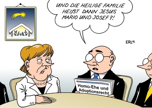 Cartoon: Homo-Ehe und Adoptionsrecht (medium) by Erl tagged familie,bethlehem,weihnachten,kinder,adoption,lebenspartnerschaft,lesbisch,schwul,homosexualität,kind,mutter,vater,tradition,karlsruhe,bundesverfassungsgericht,adoptionsrecht,ehe,homoehe,konservativ,csu,cdu,merkel,angela,bundeskanzlerin,mario,josef,maria,jesus,heilig,homoehe,ehe,adoptionsrecht,bundesverfassungsgericht,karlsruhe,tradition,vater,mutter,kind,homosexualität,schwul,lesbisch,lebenspartnerschaft,adoption,kinder,weihnachten,bethlehem,familie,heilig,jesus,maria,josef,mario,bundeskanzlerin,angela,merkel,cdu,csu,konservativ