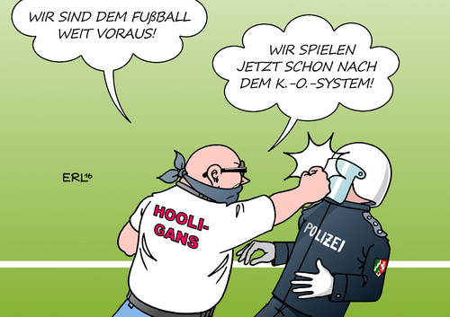 Cartoon: Hooligans (medium) by Erl tagged fußball,em,2016,europameisterschaft,frankreich,hooligans,schläger,gewalt,polizei,knockout,ko,system,karikatur,erl,fußball,em,2016,europameisterschaft,frankreich,hooligans,schläger,gewalt,polizei,knockout,ko,system,karikatur,erl