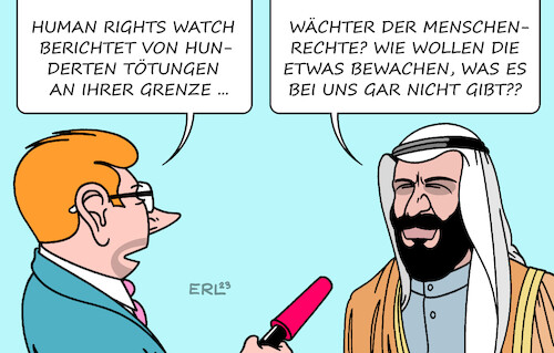 Cartoon: Human Rights Watch (medium) by Erl tagged politik,menschenrechte,organisation,human,rights,watch,bericht,tötung,flüchtlinge,geflüchtete,grenze,saudi,arabien,absolute,monarchie,diktatur,karikatur,erl,politik,menschenrechte,organisation,human,rights,watch,bericht,tötung,flüchtlinge,geflüchtete,grenze,saudi,arabien,absolute,monarchie,diktatur,karikatur,erl