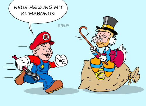 Cartoon: Ich bin Klempner von Beruf (medium) by Erl tagged bundesregierung,ampel,klimaschutz,co2,wirtschaftsminister,robert,habeck,grüne,heizung,öl,gas,neu,erneuerbare,energie,wärmepumpe,klimabonus,geld,finanzminister,christian,lindner,fdp,schuldenbremse,sparkurs,dagobert,duck,super,mario,klempner,installateur,heizungsbauer,karikatur,erl,bundesregierung,ampel,klimaschutz,co2,wirtschaftsminister,robert,habeck,grüne,heizung,öl,gas,neu,erneuerbare,energie,wärmepumpe,klimabonus,geld,finanzminister,christian,lindner,fdp,schuldenbremse,sparkurs,dagobert,duck,super,mario,klempner,installateur,heizungsbauer,karikatur,erl