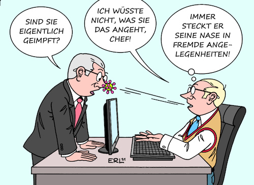 Cartoon: Impffrage am Arbeitsplatz (medium) by Erl tagged politik,corona,virus,pandemie,covid19,vierte,welle,vermeidung,lockdown,impfung,impfen,testen,geimpft,genesen,getestet,diskussion,arbeitsplatz,auskunft,arbeitnehmer,chef,büro,karikatur,erl,politik,corona,virus,pandemie,covid19,vierte,welle,vermeidung,lockdown,impfung,impfen,testen,geimpft,genesen,getestet,diskussion,arbeitsplatz,auskunft,arbeitnehmer,chef,büro,karikatur,erl