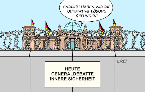 Cartoon: Innere Sicherheit (medium) by Erl tagged politik,bundestag,innere,sicherheit,migration,asyl,lösung,mauer,stacheldraht,karikatur,erl,politik,bundestag,innere,sicherheit,migration,asyl,lösung,mauer,stacheldraht,karikatur,erl