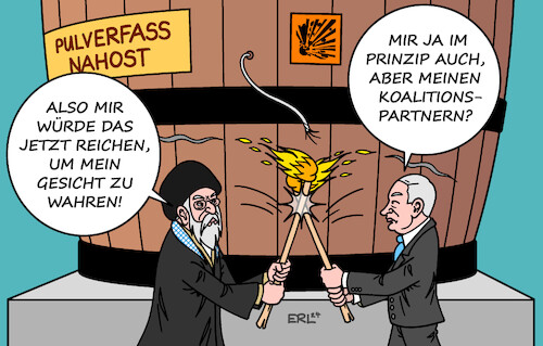 Cartoon: Iran gegen Israel II (medium) by Erl tagged politik,nahost,konflikt,iran,israel,angriff,gegenangriff,gefahr,eskalation,pulverfass,lunte,feuer,fackeln,kampf,ali,chamenei,gesicht,wahren,benjamin,netanjahu,koalitionspartner,nationalismus,rechtsextremismus,karikatur,erl,politik,nahost,konflikt,iran,israel,angriff,gegenangriff,gefahr,eskalation,pulverfass,lunte,feuer,fackeln,kampf,ali,chamenei,gesicht,wahren,benjamin,netanjahu,koalitionspartner,nationalismus,rechtsextremismus,karikatur,erl