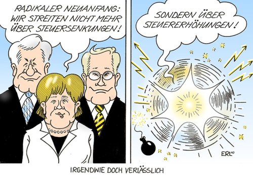 Cartoon: Irgendwie doch verlässlich (medium) by Erl tagged regierung,koalition,schwarz,gelb,cdu,csu,fdp,streit,steuer,senkung,erhöhung,neuanfang,seehofer,merkel,westerwelle,regierung,koalition,schwarz,gelb,csu,streit,steuer,senkung,erhöhung,neuanfang,horst seehofer,angela merkel,guido westerwelle,horst,seehofer,angela,merkel,guido,westerwelle